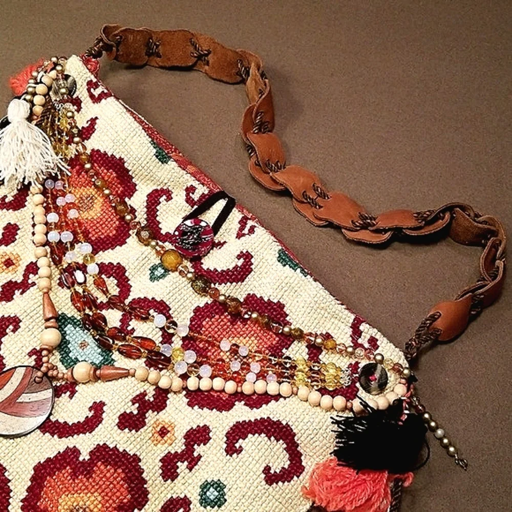Vintage Textiles Boho Ethnic Festival Handmade Needlepoint Handbag